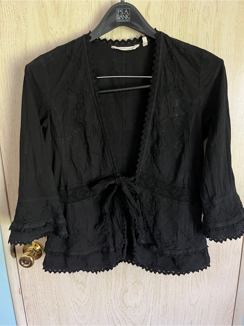 Soft Surroundings Las Cruces Embroidered Feminine Black Tie Front Jacket Sz Med